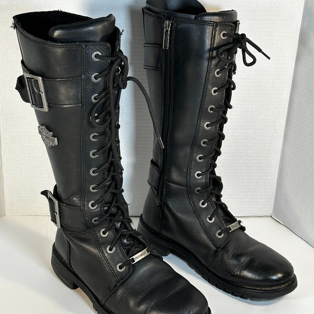 Harley-Davidson Black Leather Lace-Up Buckle Heeled Motorcycle Boots - Picture 4 of 16